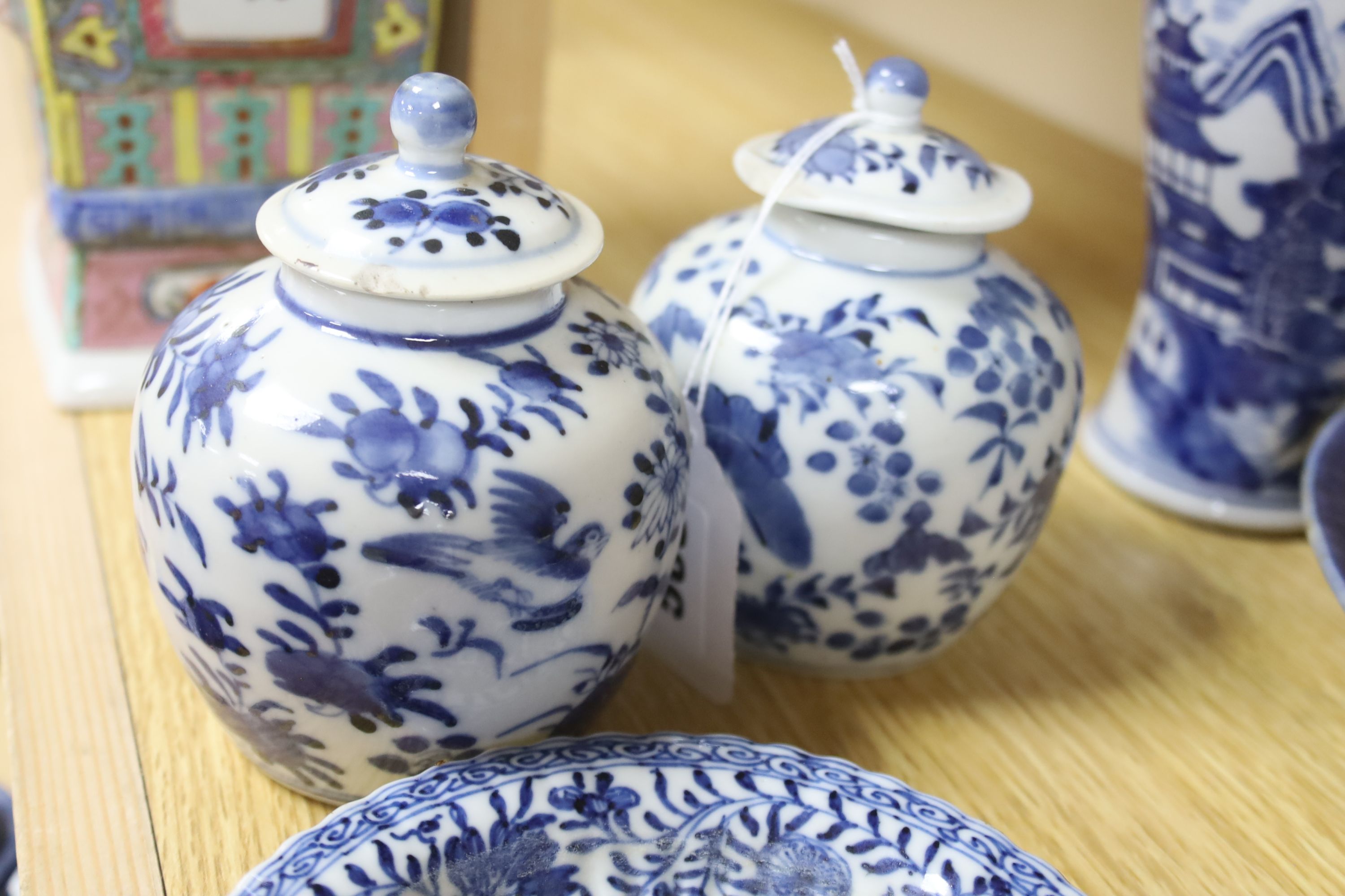 A group of Chinese blue and white vases and plates, 18th century/ 19th and a Japanese shaped dish